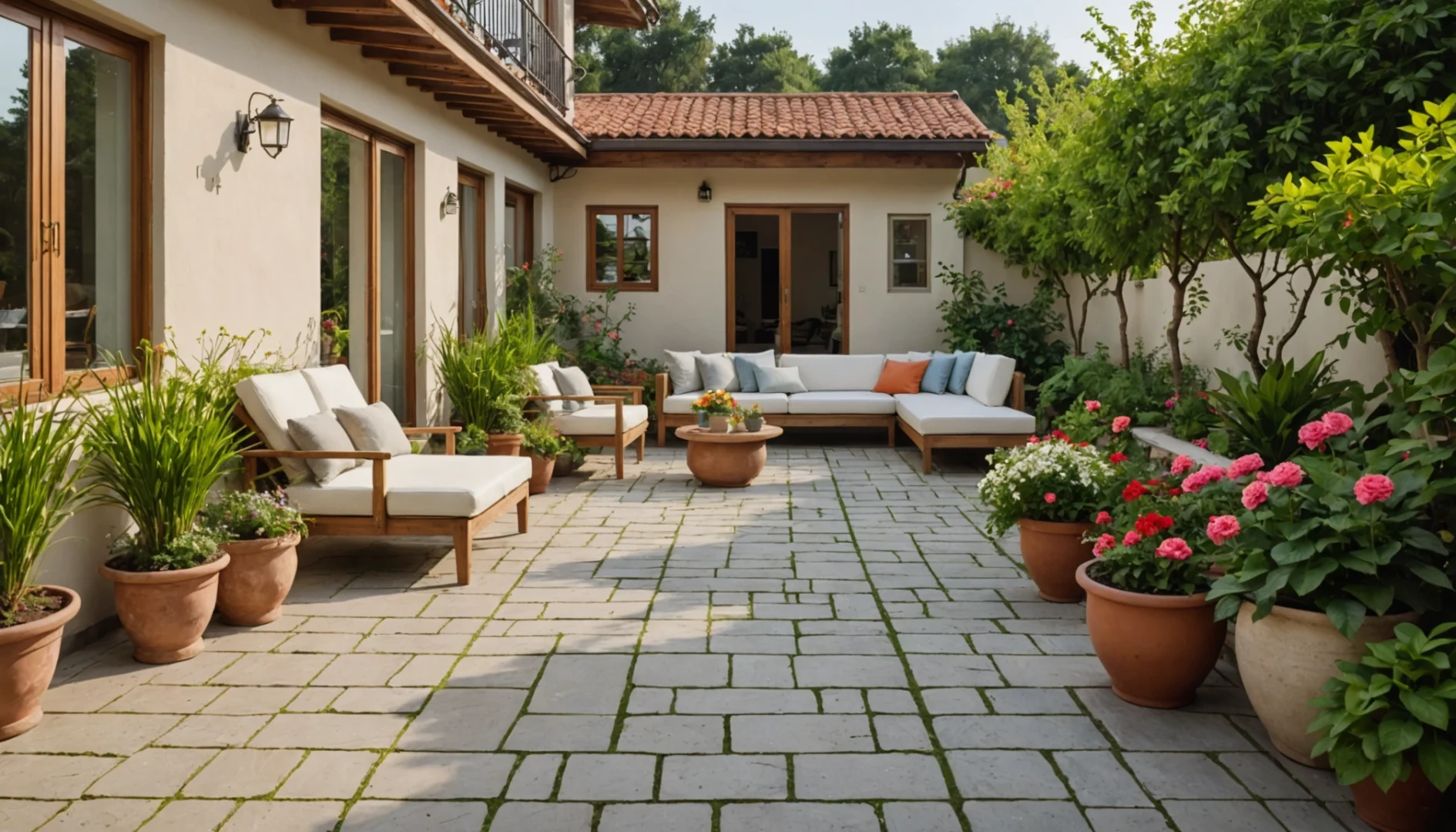 terrasse avec escaliers vers la maison